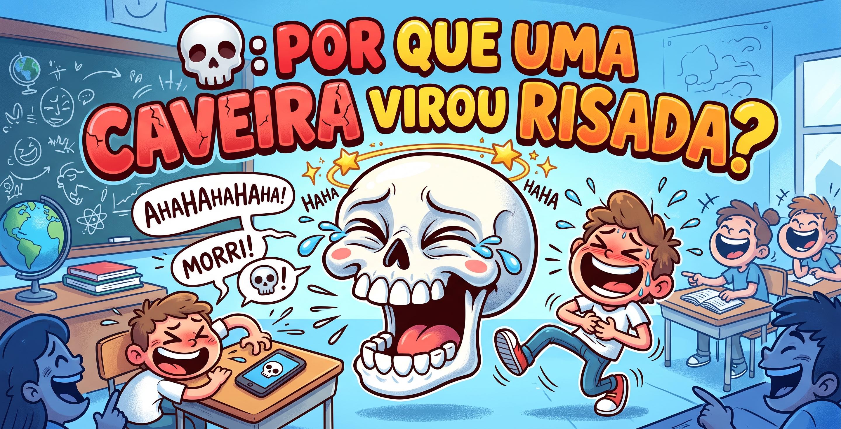 Emoji de caveira grande acompanhado de uma expressão visual de alguém rindo até não aguentar mais.