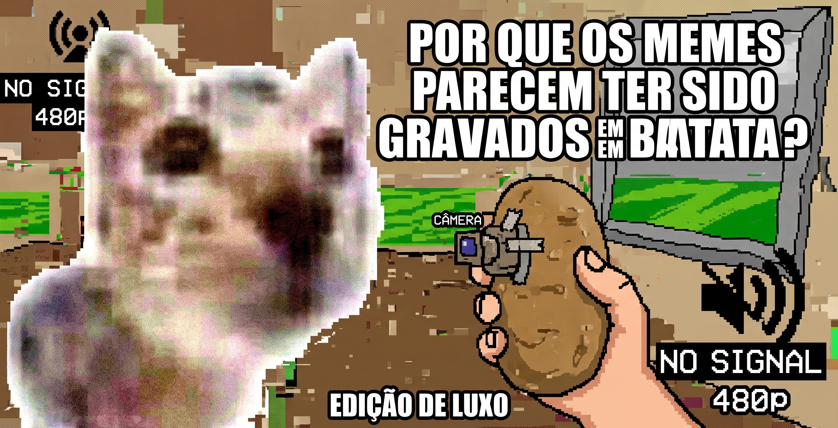 Imagem extremamente borrada e pixelada, com baixíssima resolução, sugerindo a silhueta indistinta do rosto de um gato ou animal claro com manchas escuras.
